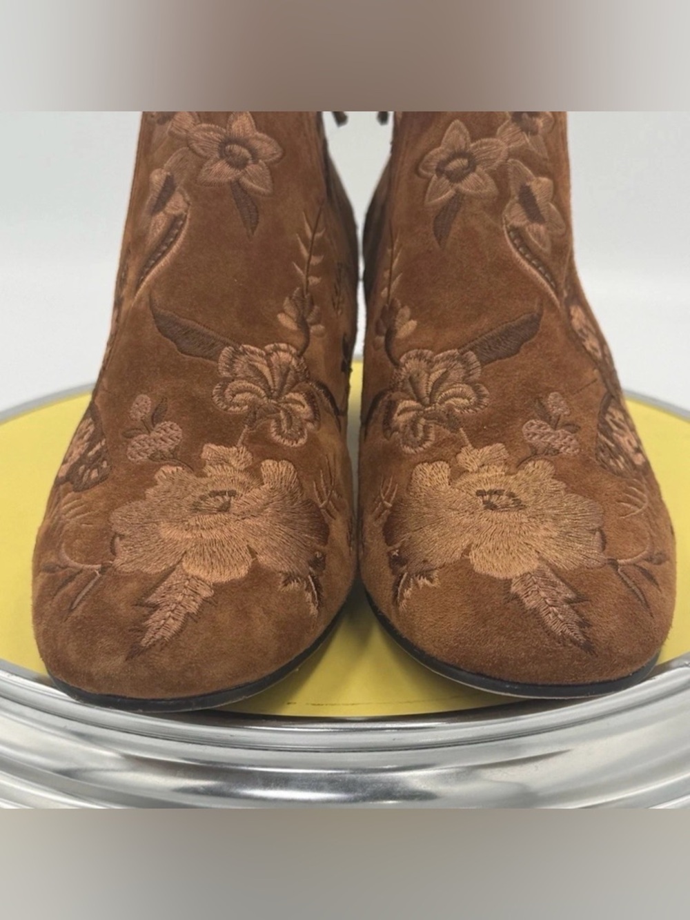 Johnny Was Taline Embroidered Suede Boots Booties Brown Size 8 Leather Soles - Picture 5 of 12